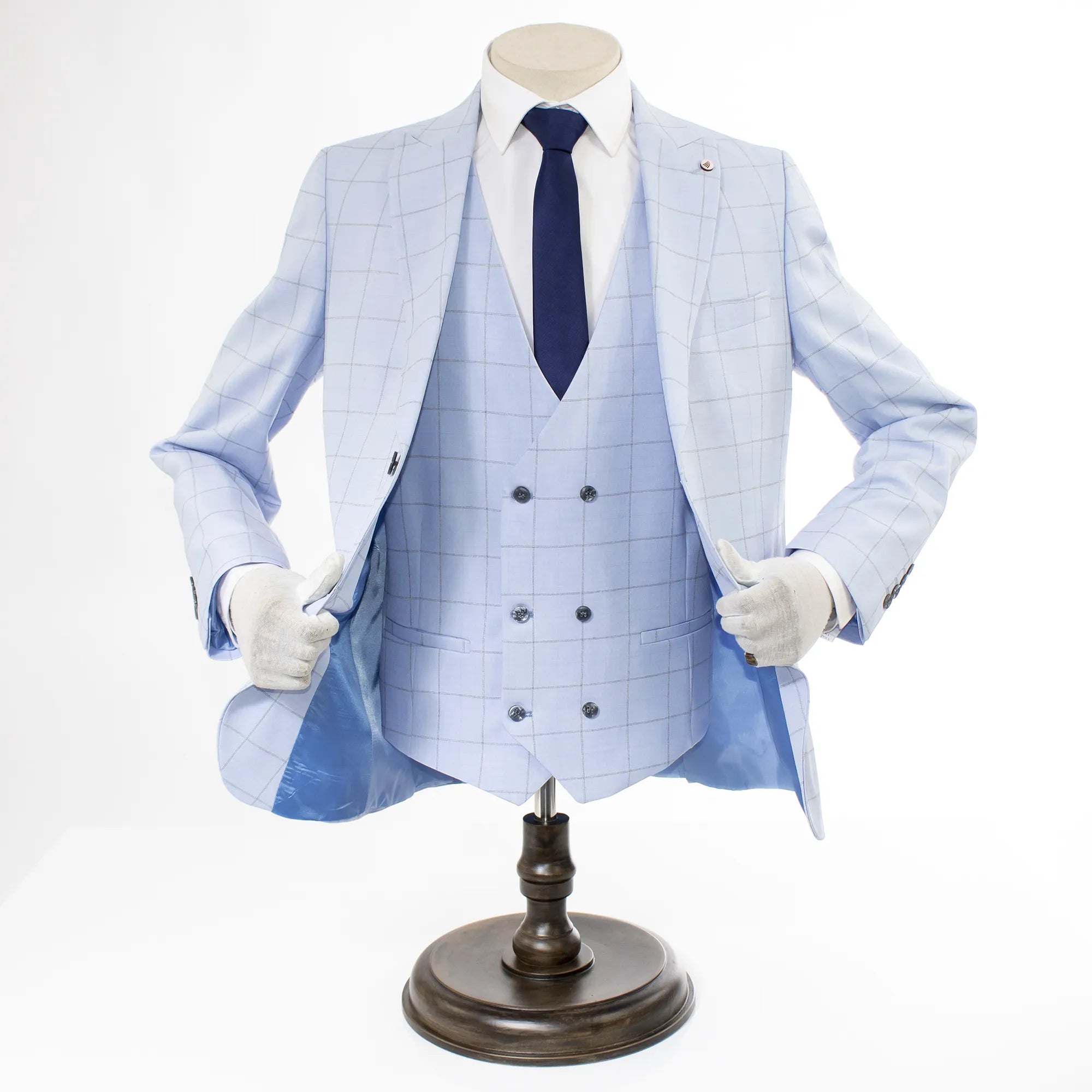 Light Blue Checked 3-Piece Tailored-Fit Suit