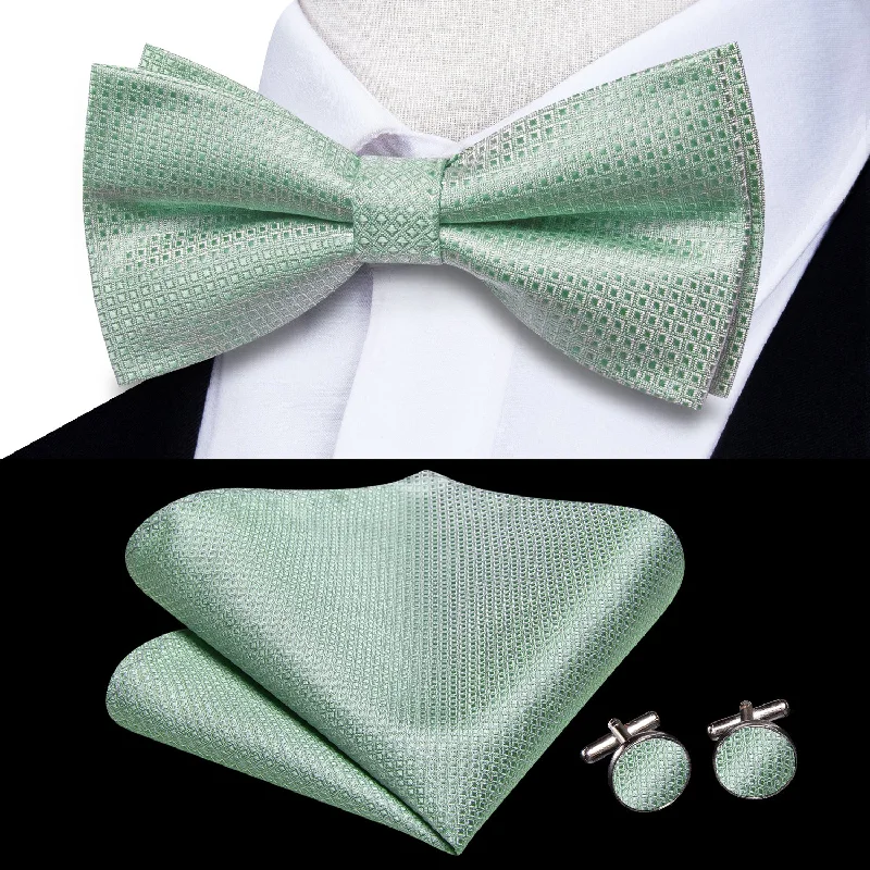 DarkSeaGreen Geometric Men's Pre-tied Bowtie Pocket Square Cufflinks Set