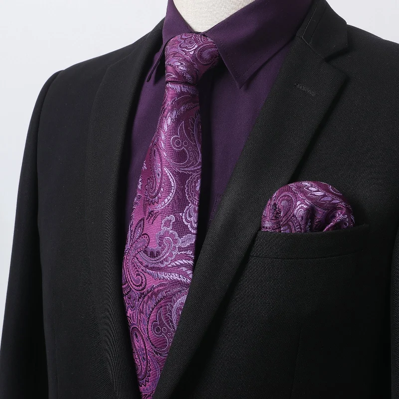 Men's Shirt with Tie Handkerchief Set - 09-PURPLE