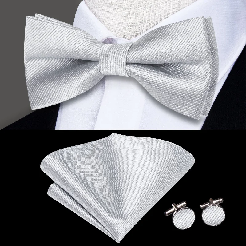 Light Grey Striped Men's Pre-tied Bowtie Pocket Square Cufflinks Set