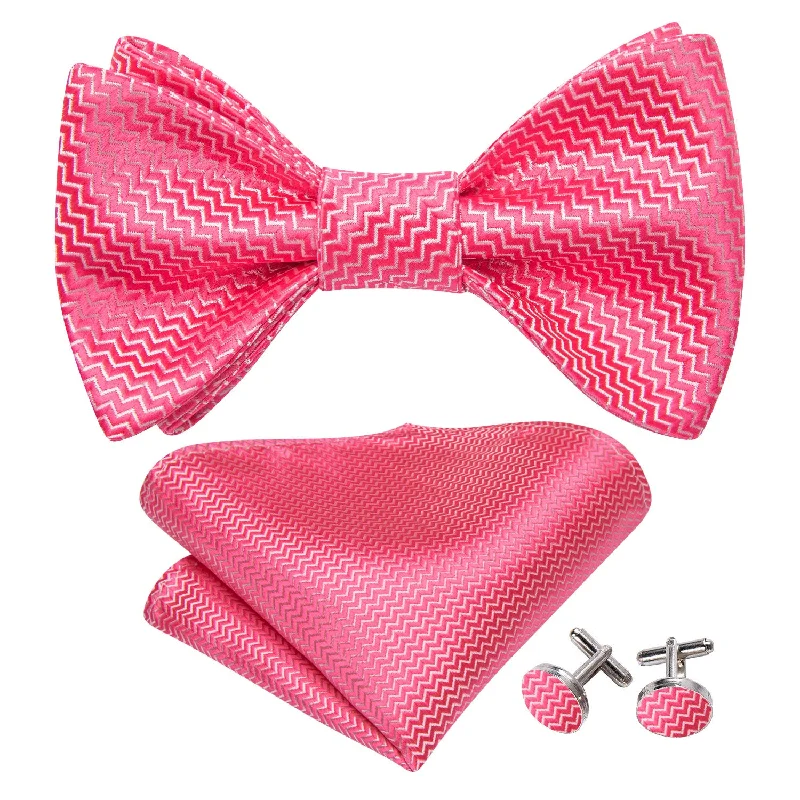 Shock Pink Striped Silk Bow Tie Hanky Cufflinks Set