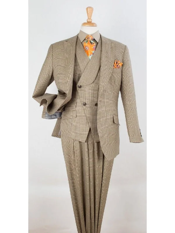 Apollo King Mens Classic Fit Tan Check 100% Wool 3 Piece Suit