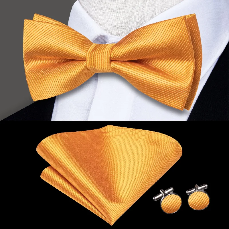 Golden Striped Men's Pre-tied Bowtie Pocket Square Cufflinks Set