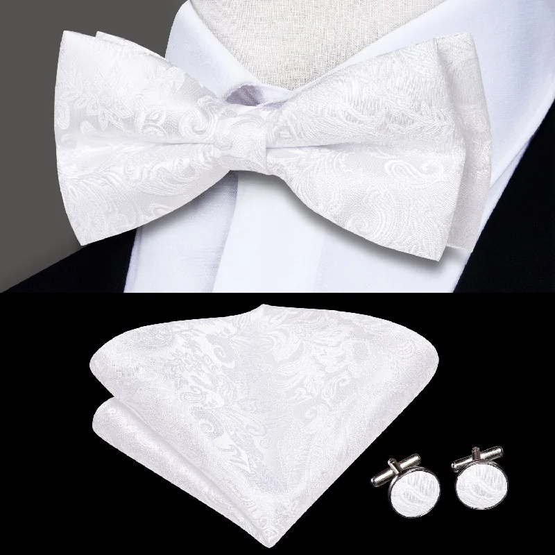 Pure White Paisley Men's Pre-tied Bowtie Pocket Square Cufflinks Set