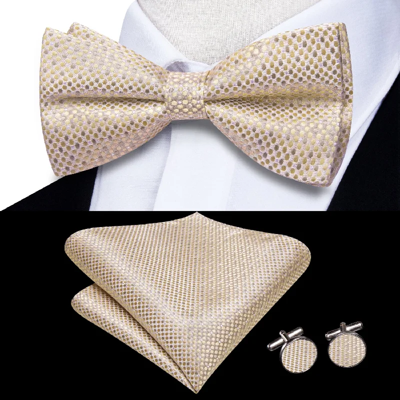 Wheat Geometric Men's Pre-tied Bowtie Pocket Square Cufflinks Set