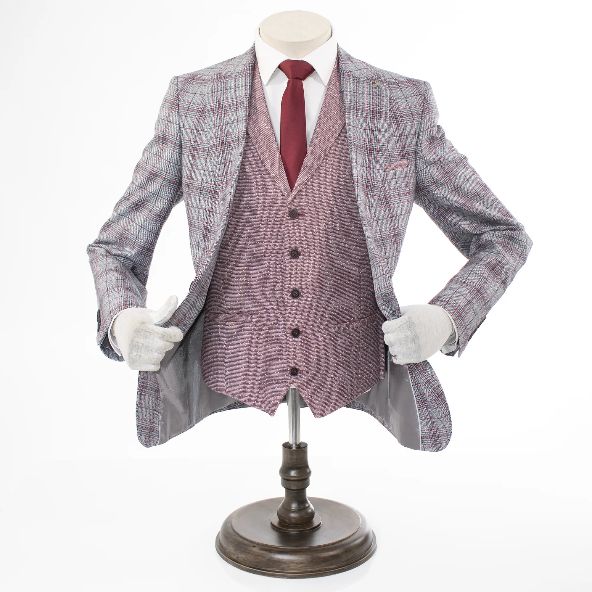 Gray And Red Plaid Slim-Fit 3-Piece Suit