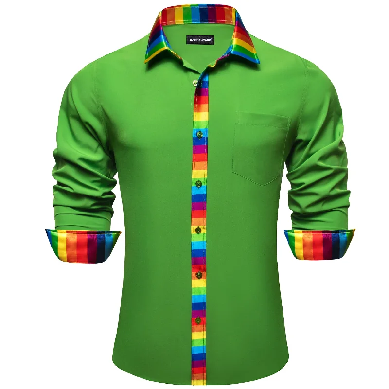 Barry Wang Lime Green Shirt Splicing Rainbow Color Collar Cuffs Shirt