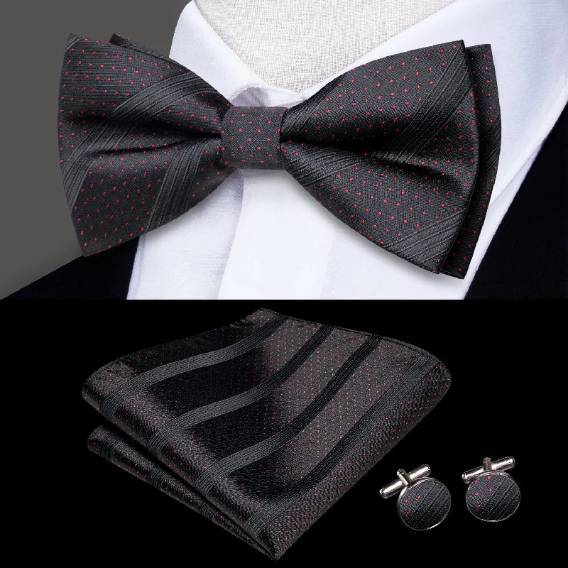 Black Red Polka Dot Striped Men's Pre-tied Bowtie Pocket Square Cufflinks Set