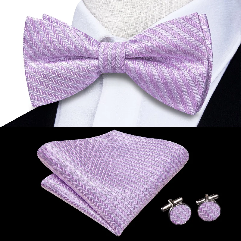 Plum Striped Men's Pre-tied Bowtie Pocket Square Cufflinks Set