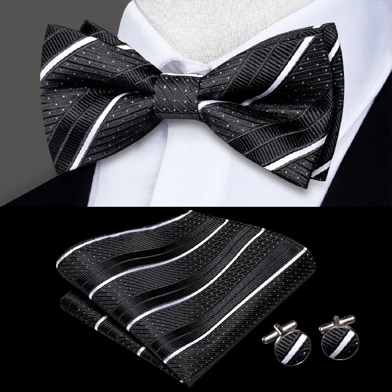 Black White Striped Men's Pre-tied Bowtie Pocket Square Cufflinks Set