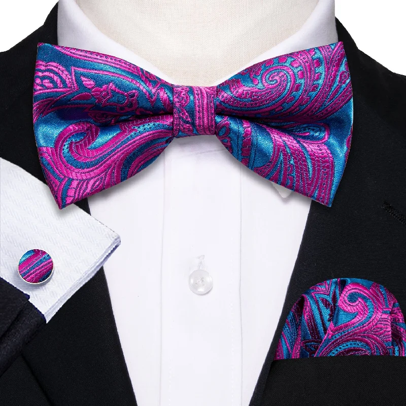 Purple Blue Paisley Pre-tied Bow Tie Hanky Cufflinks Set