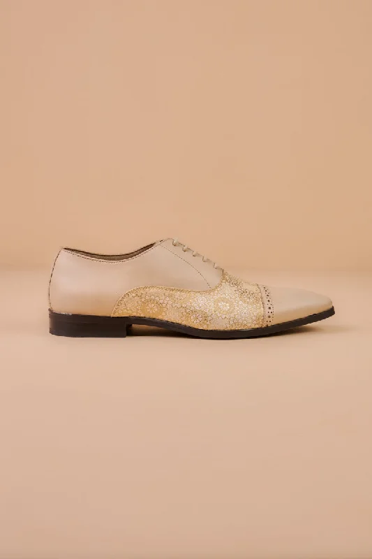 Beige Leather Brogue With Brocade Detailing