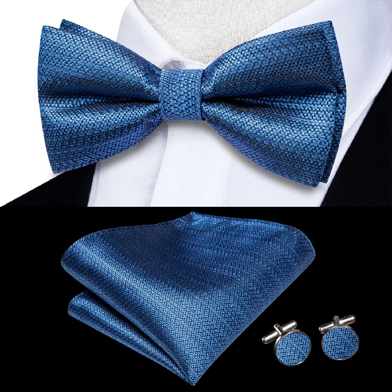 SteelBlue Geometric Men's Pre-tied Bowtie Pocket Square Cufflinks Set