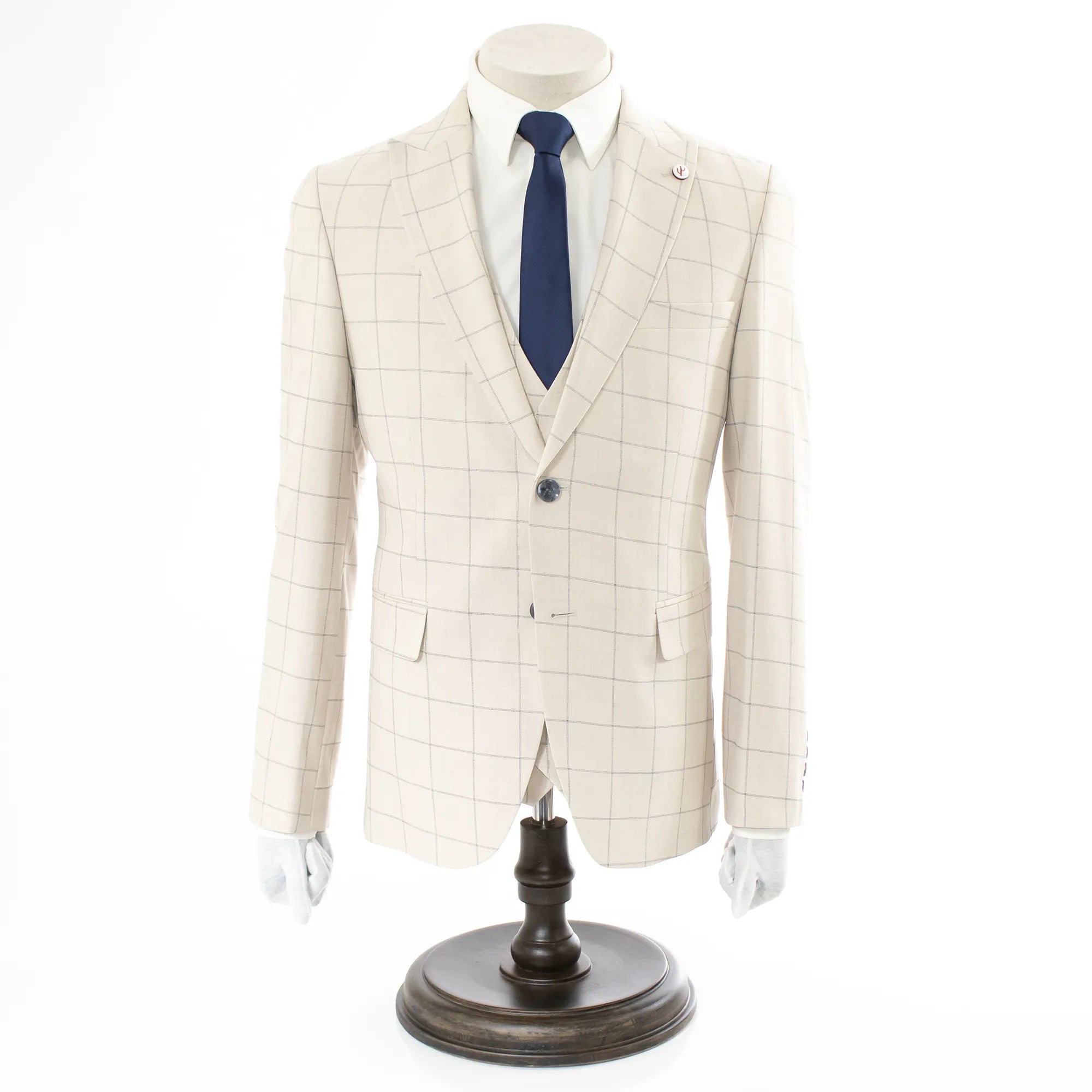 Beige Checked 3-Piece Tailored-Fit Suit