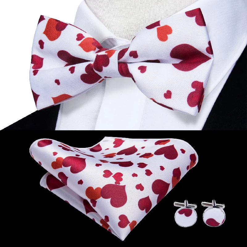 Lovely Heart Novelty Men's Pre-tied Bowtie Pocket Square Cufflinks Set