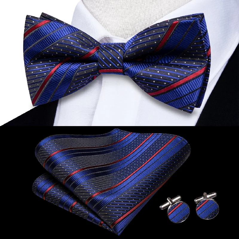 Blue Red Striped Men's Pre-tied Bowtie Pocket Square Cufflinks Set