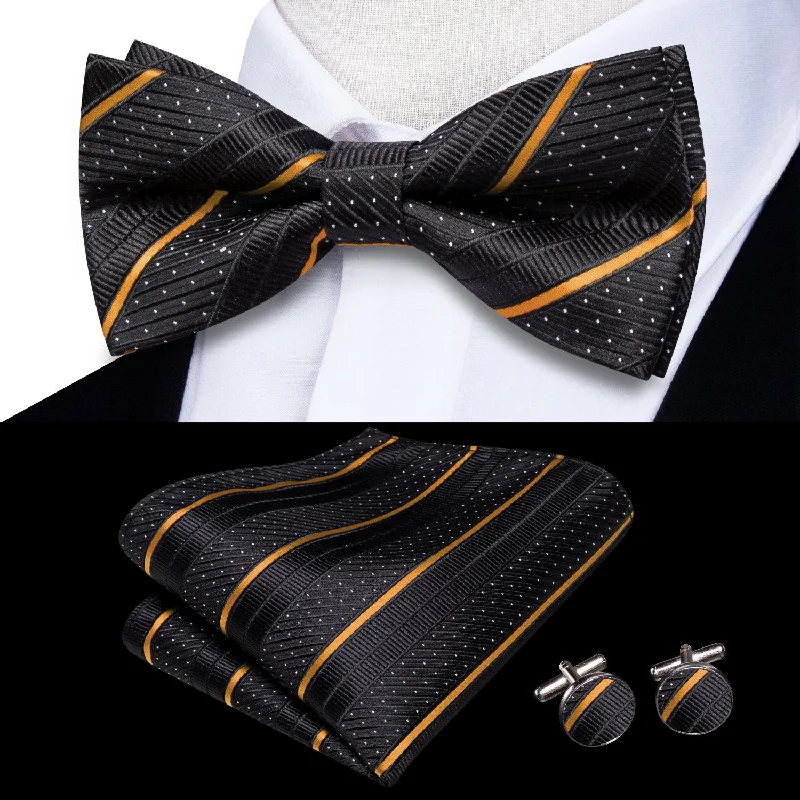 Black Golden Striped Men's Pre-tied Bowtie Pocket Square Cufflinks Set