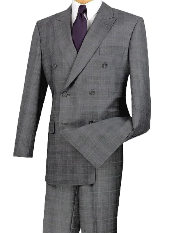 Alexander Collection - Gray Double Breasted 2 Piece Suit Regular Fit Glen Plaid