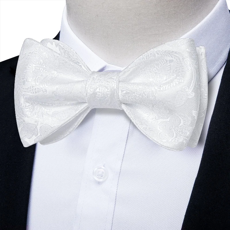 White Floral Self-tied Bow Tie Pocket Square Cufflinks Set