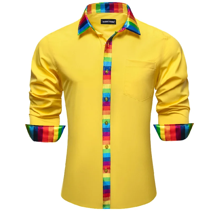 Barry Wang Yellow Solid Shirt Splicing Rainbow Color Collar Cuff Shirt