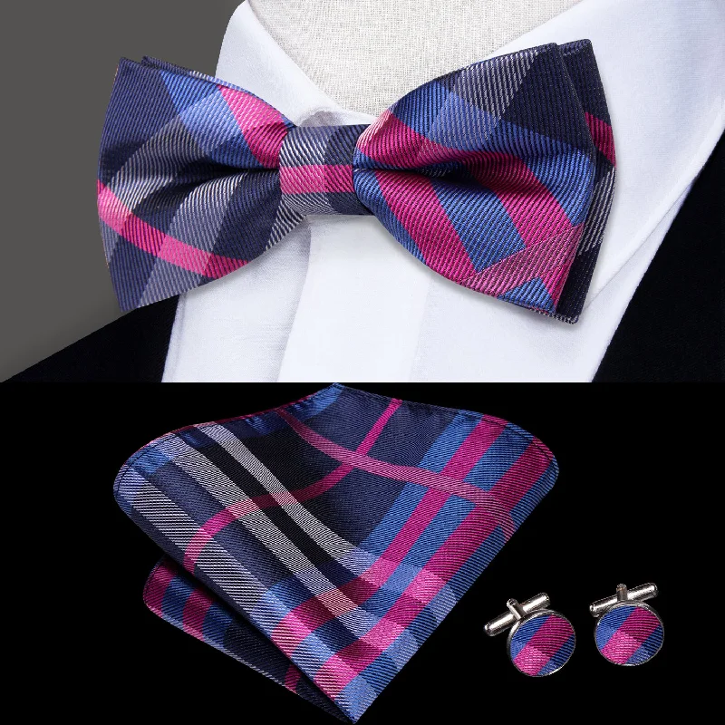 Blue Pink Plaid Children's Kids Bow Tie Pocket Square Cufflinks Set