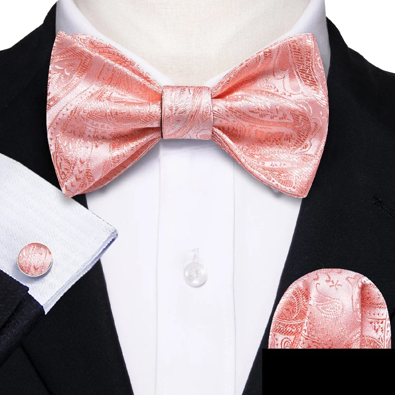 LightPink Paisley Self-tied Bow Tie Hanky Cufflinks Set