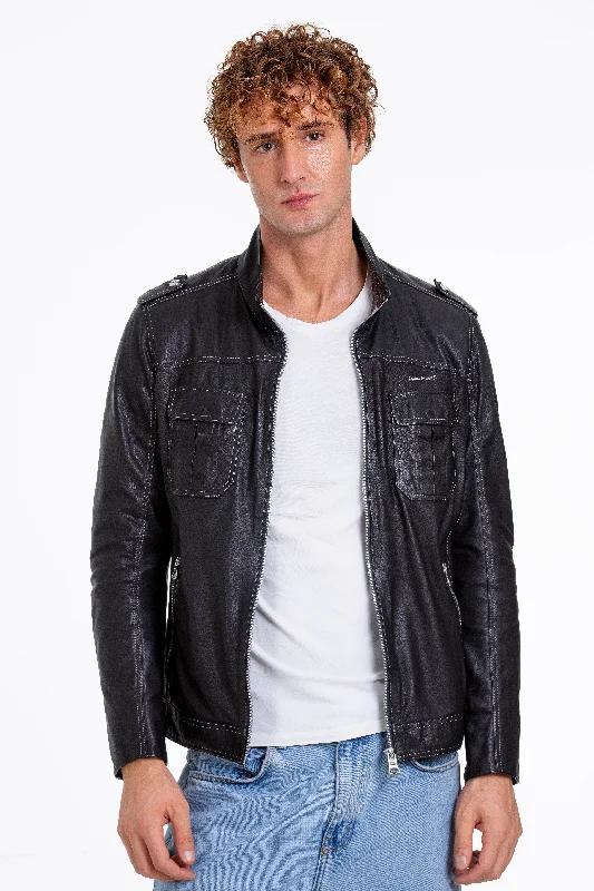 The Mausollos Navy Blue Leather Men  Jacket