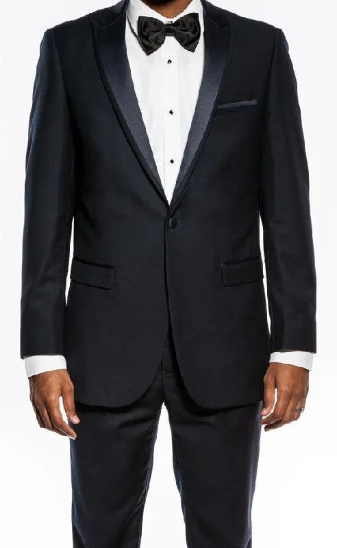 Navy Slim Fit 2 Piece Tuxedo With Satin Peak Lapel