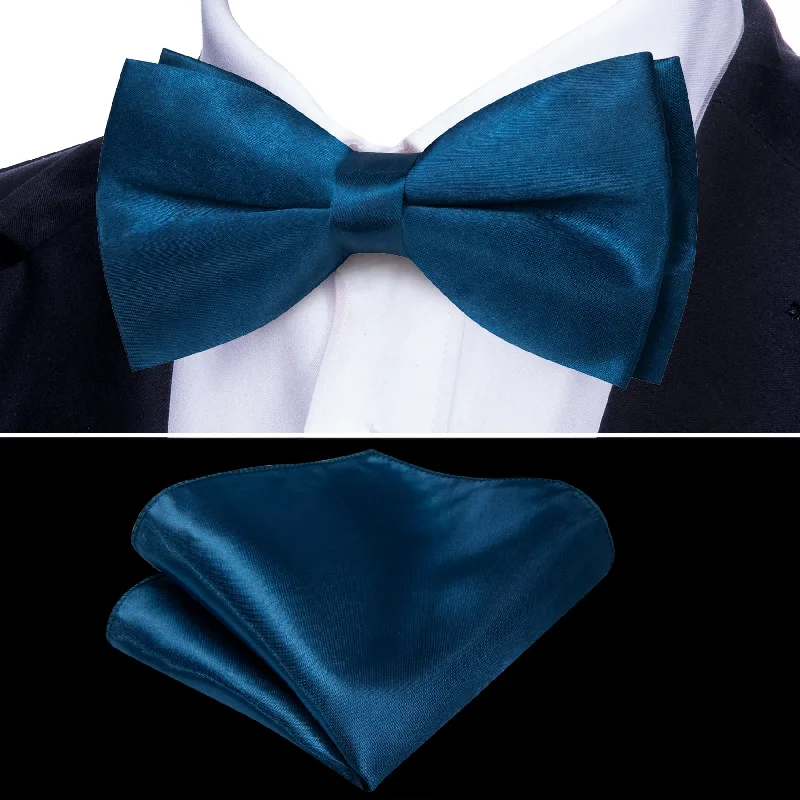 Barry Wang Silk Bowtie Dark Cerulean Blue Solid Mens Pre-tied Bow Tie Set