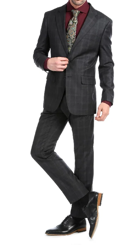 Ferrecci Mens Black Plaid Classic Fit Wool Blend 2 Piece Suit