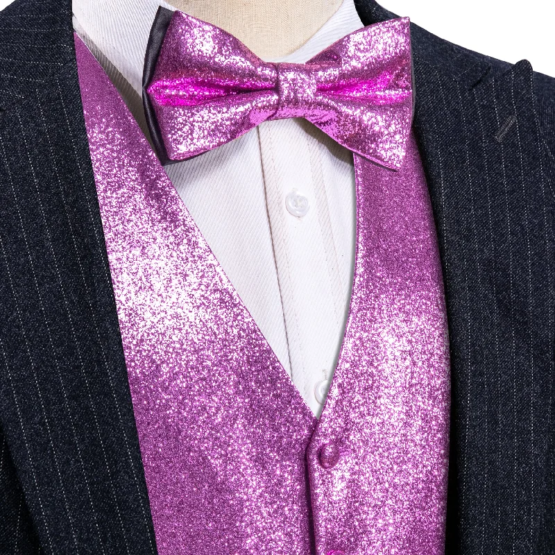 Barry Wang Shining Men's Purple Solid Silk Bowtie V-Neck Waistcoat Set