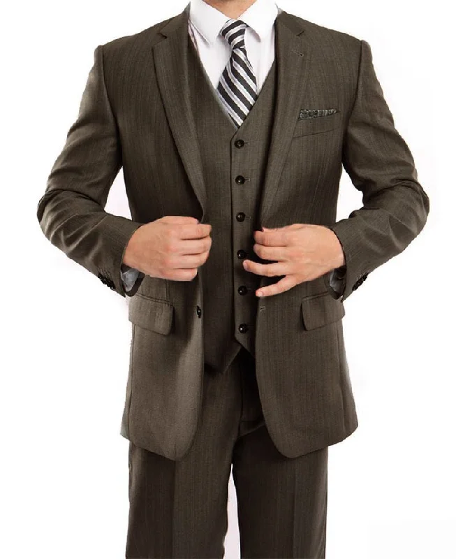 (58R, 62R) Charcoal Brown 3 Piece Modern Fit Suit 2 Button V-Neck Vest