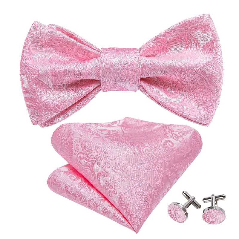 Pink Paisley Self Tie Bow Tie Hanky Cufflinks Set