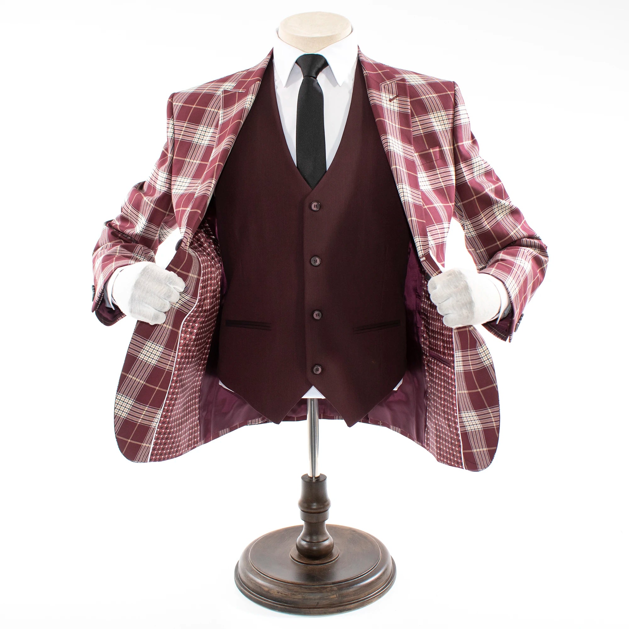 Burgundy Plaid 3-Piece Tailored-Fit Suit With Peak Lapels