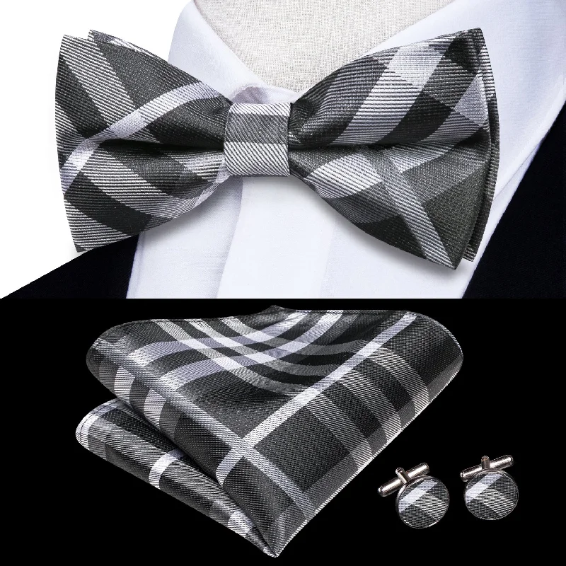 Black Grey Plaid Men's Pre-tied Bowtie Pocket Square Cufflinks Set