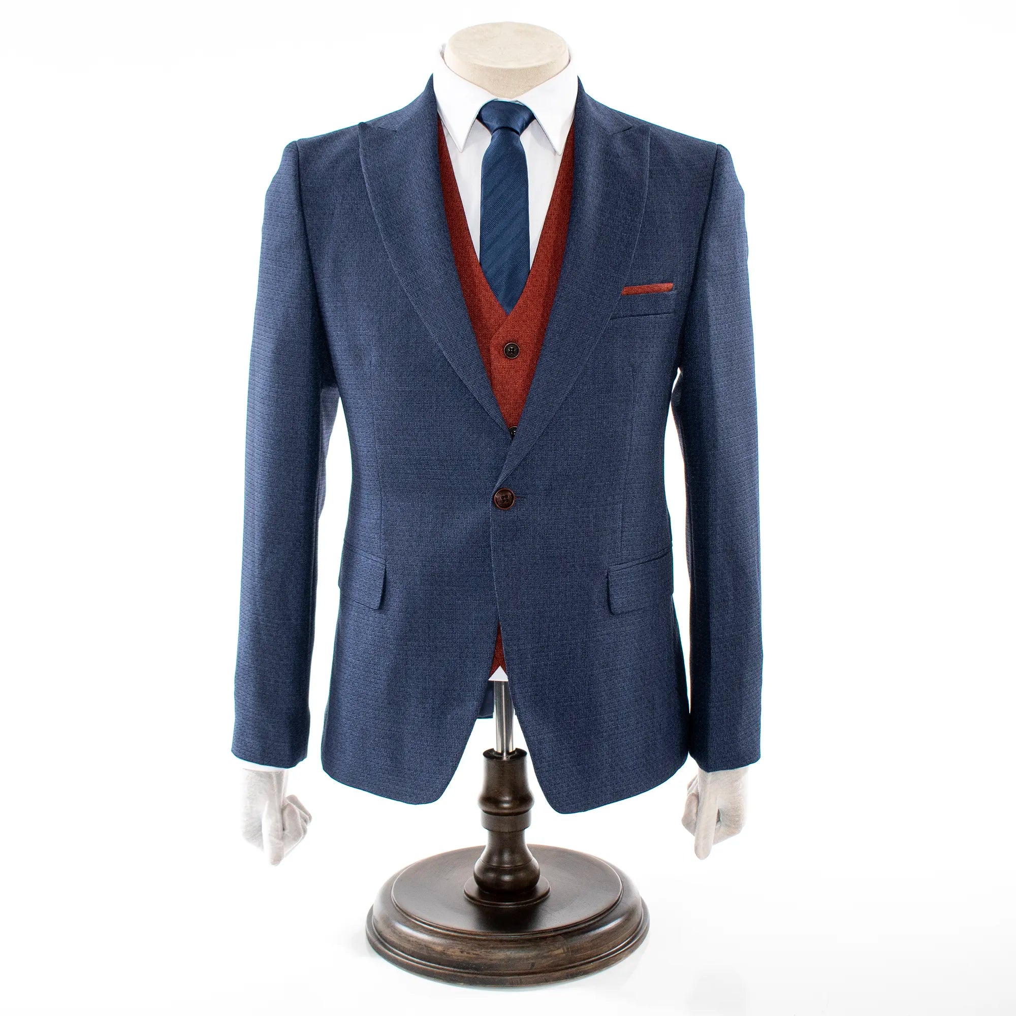 Pierce | Sapphire Blue Tweed with Rust Vest 3-Piece Slim-Fit Suit