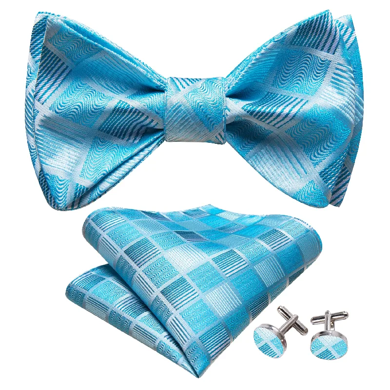 Sky Blue Plaid Self Tie Bow Tie Hanky Cufflinks Set