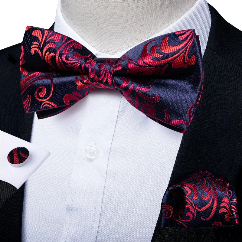 Deep Blue Red Floral Men's Pre-tied Bowtie Pocket Square Cufflinks Set