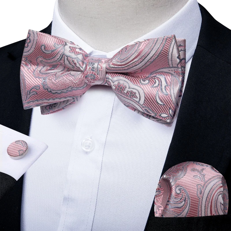 Pink Paisley Men's Pre-tied Bowtie Pocket Square Cufflinks Set