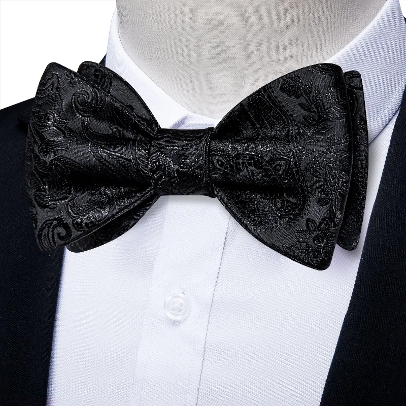 Coal Black Floral Self-tied Bow Tie Pocket Square Cufflinks Set