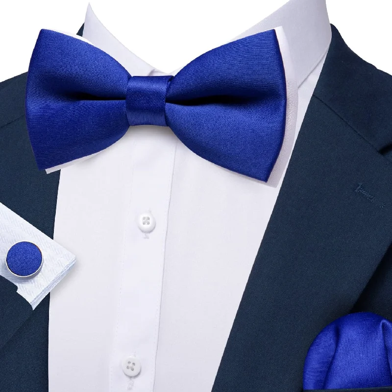 Barry Wang Silk Pre-Tied Mens Blue Solid Bow Tie Hanky Cufflinks Set