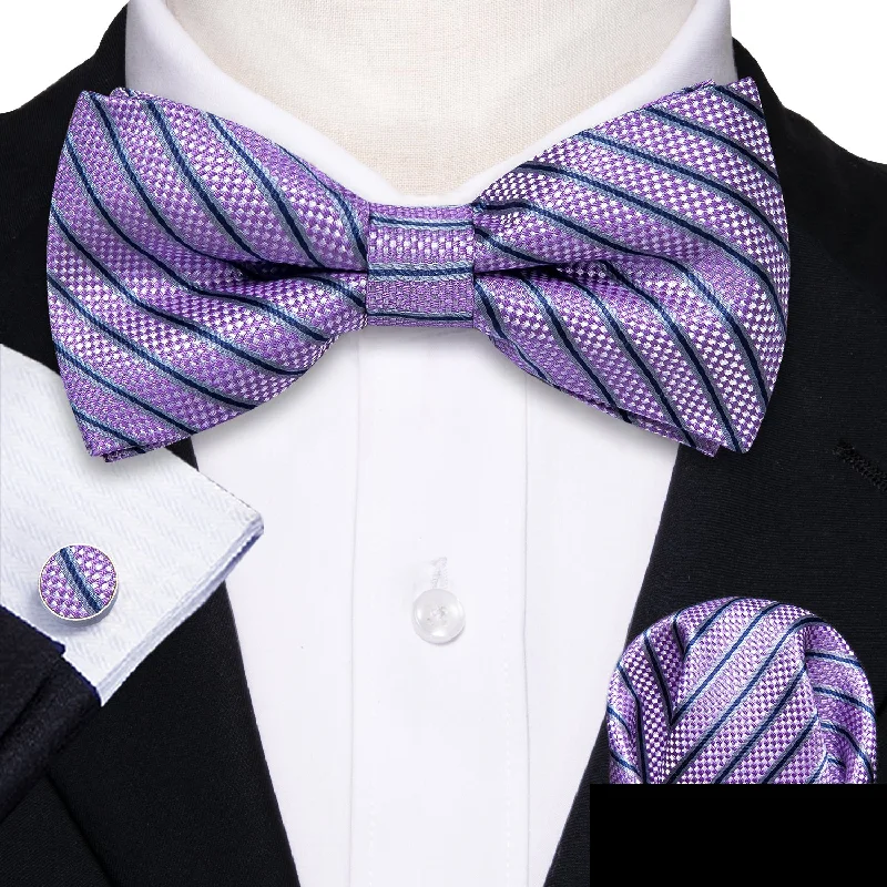 Purple Striped Men's Pre-tied Bowtie Pocket Square Cufflinks Set