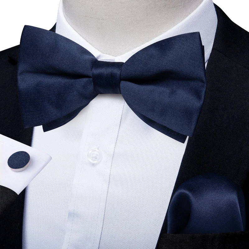 Dark Blue Solid Men's Pre-tied Bowtie Pocket Square Cufflinks Set