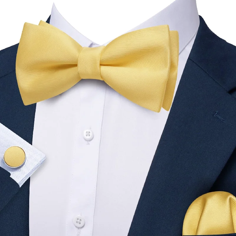 Barry Wang Light Yellow Silk Pre-Tied Mens Bow Tie Hanky Cufflinks Set