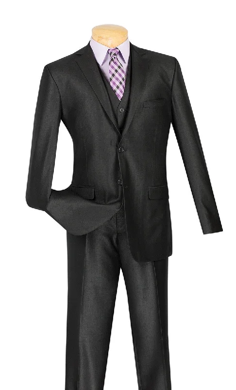 Slim Fit Textured Suit 3 Piece 2 Buttons in Black