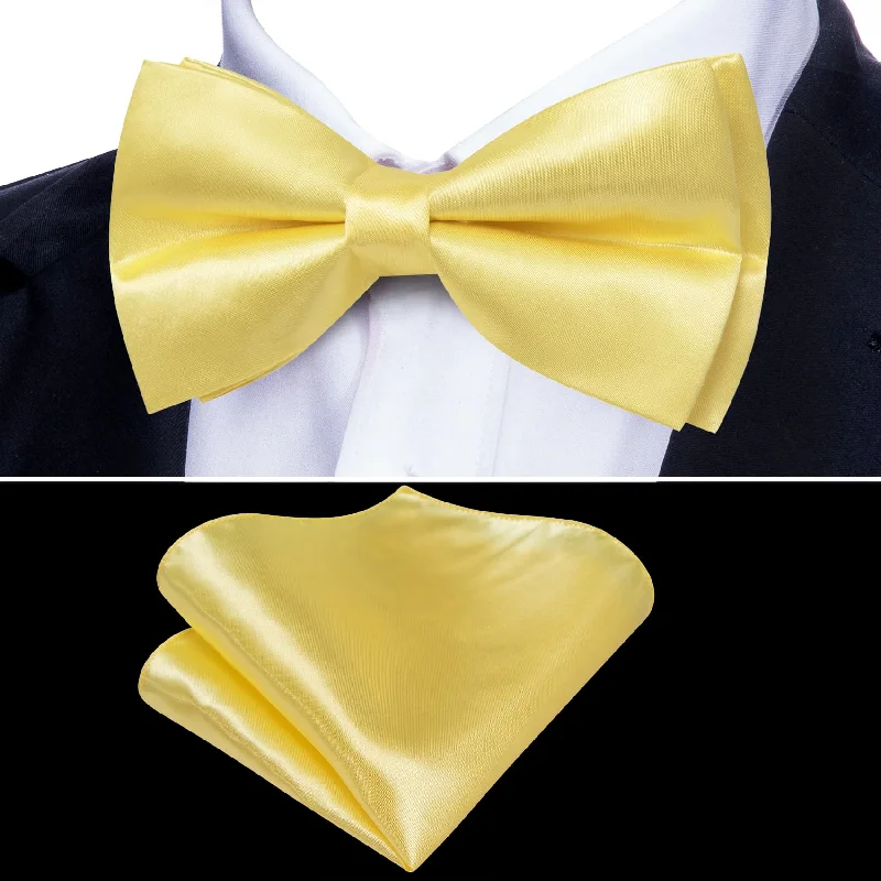 Barry Wang Silk Bowtie Flavescent Yellow Solid Mens Pre-tied Bow Tie Set