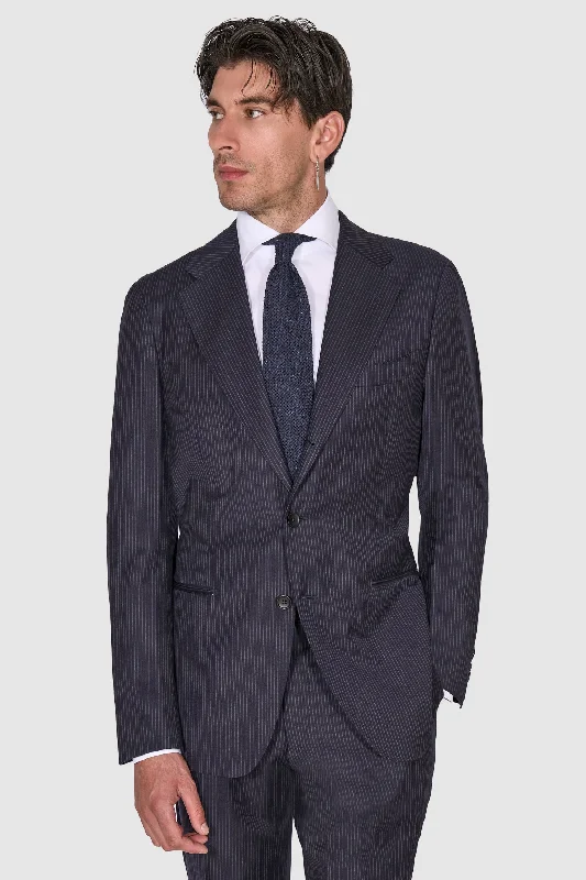 New Suitsupply Havana Navy Stripe Pure Wool Super 130s 3 Roll 2 Suit - Size 36S, 36R, 38S, 40S, 40R, 42R, 44R, 46R