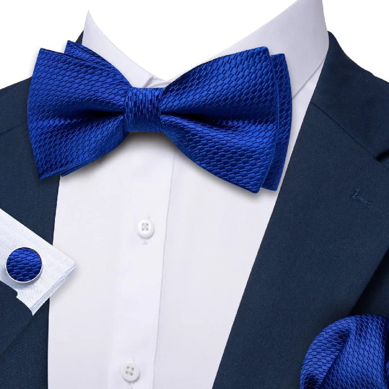 Deep Blue Pre-Tied Bow Tie Barry Wang Wedding Tie Hanky Cufflinks Set