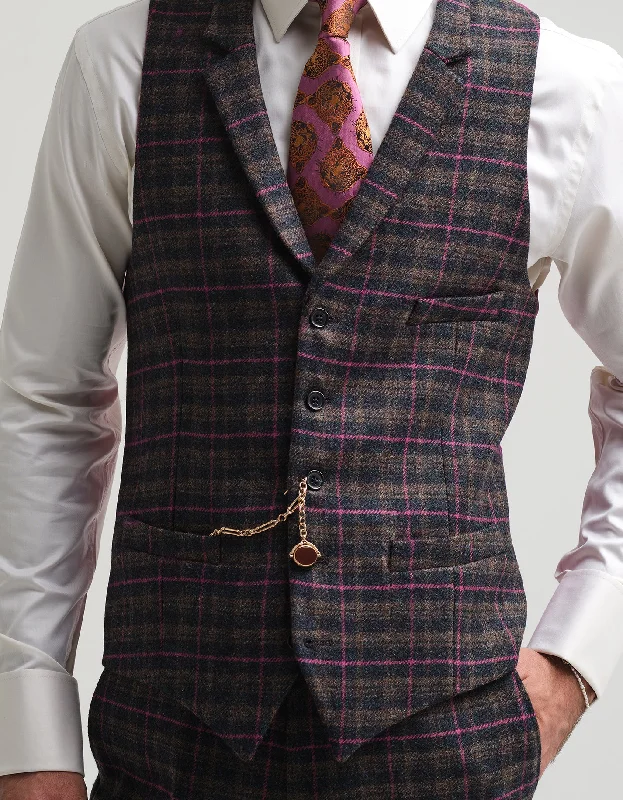 Navy & Pink Tweed Check Waistcoat