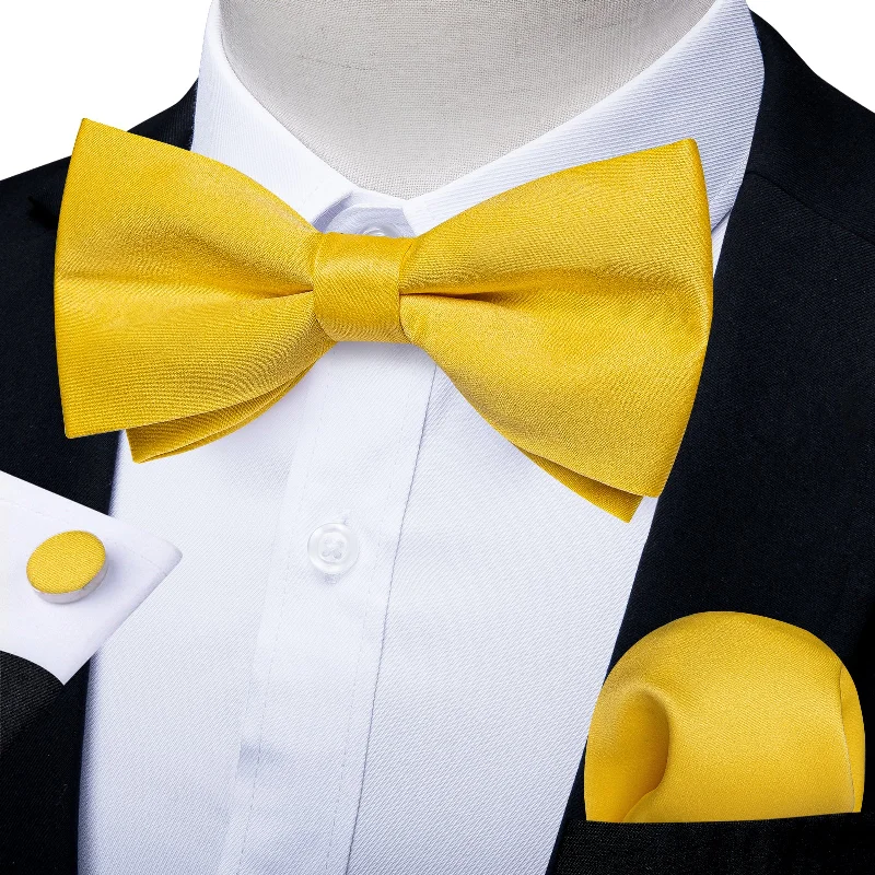 Yellow Solid Men's Pre-tied Bowtie Pocket Square Cufflinks Set